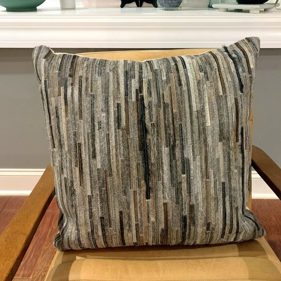 LOLOI 22" Gray & Brown Pony Hair Leather Throw Pillow with Feather Insert NEW - Picture 5 of 7